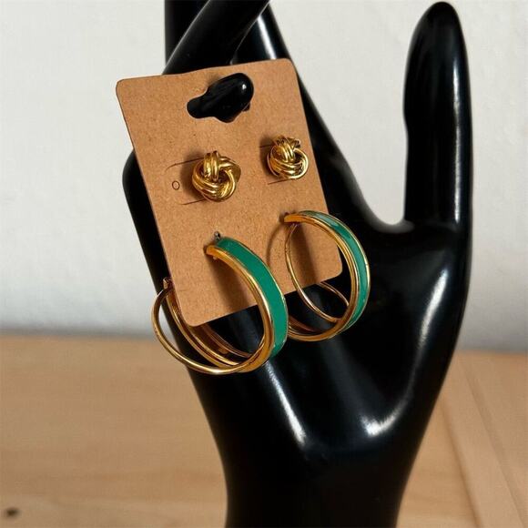 Vintage Gold & Green Hoop Knot Stud Earring Set of 2 Elegant Jewelry - Picture 3 of 7